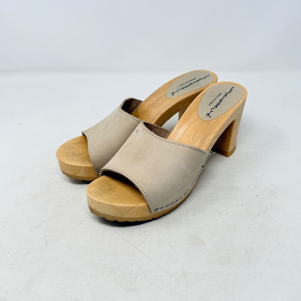 Mademoiselle Wooden Clog Sandals Taupe Leather 9 Made in Italy Boho Block Heel